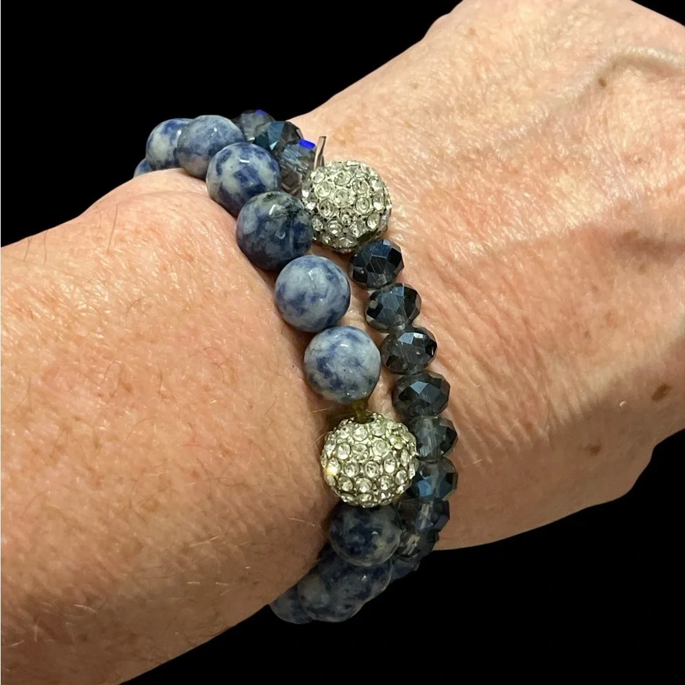Elegant Blue and Silver Boutique Beaded Stretch Bracelet Set